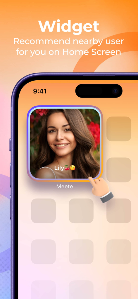 Meete app home screen widget recommending a nearby user profile.