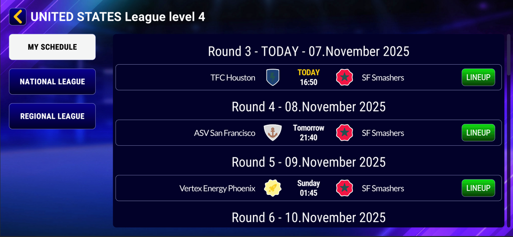 Spike Masters 3D Volleyball - Match schedule screen in Spike Masters 3D Volleyball showing upcoming games in the United States League.