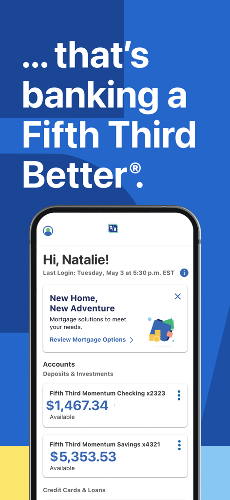 Fifth Third: 53 Mobile Banking - Fifth Third Mobile-Banking-App-Dashboard mit Guthaben auf Giro- und Sparkonten