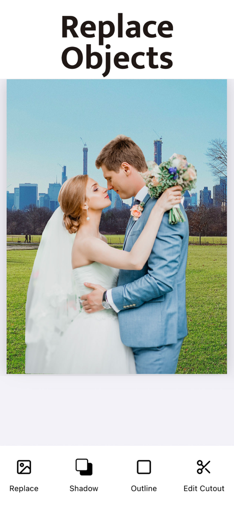 Interface de l'application Magic Eraser illustrant la fonction de remplacement d'objets avec un couple de mariés devant un arrière-plan représentant la silhouette d'une ville.