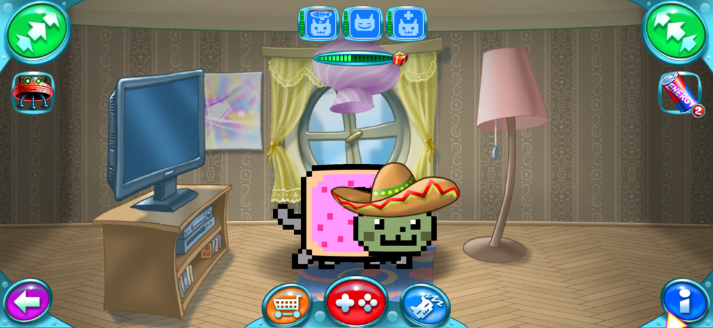 Nyan Cat: Lost In Space - A pixel art cat wearing a sombrero in the Nyanagotchi room feature from Nyan Cat Lost In Space.