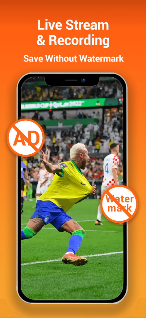 iRecordScreen: Screen Recorder - iRecordScreenアプリのインターフェースに、広告やウォーターマークアイコンなしでサッカーの試合が録画されている様子が表示されています