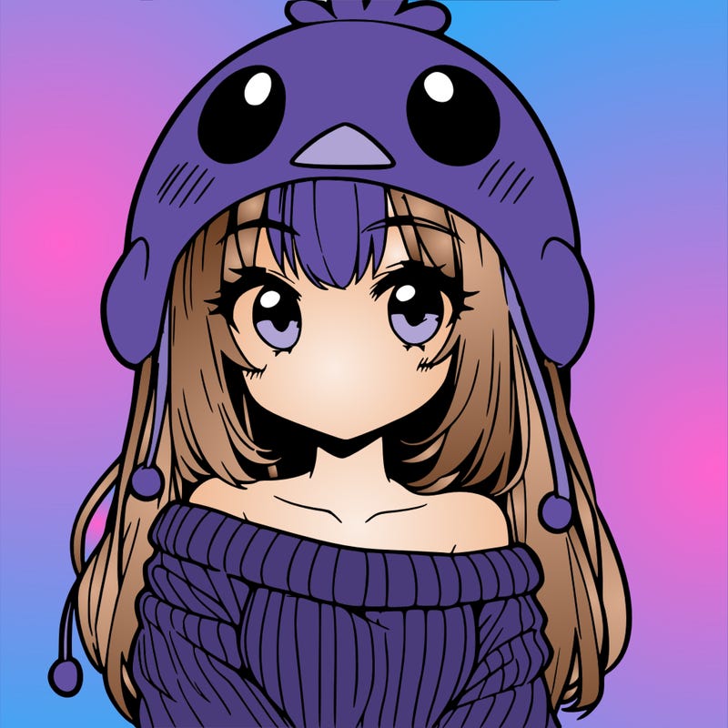 anime girl with chick shaped hat with sweater with bare shoulders with bangs covering them one eye with low tail