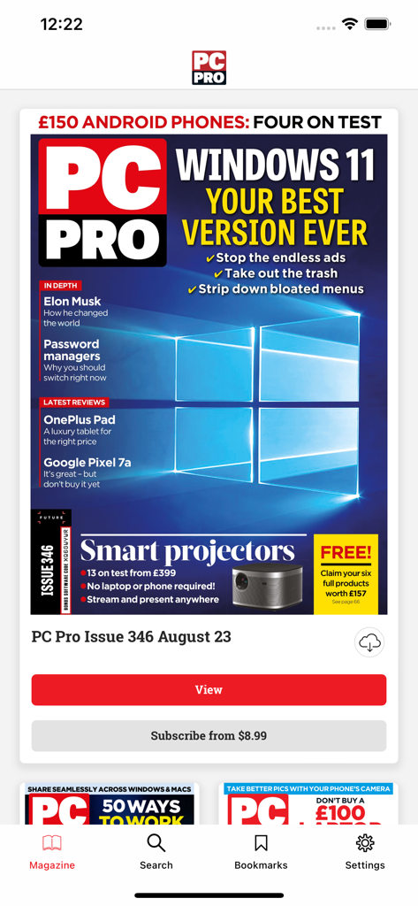 Screenshot of the PC Pro Magazine app home screen showing the cover of Issue 346 with a headline about Windows 11