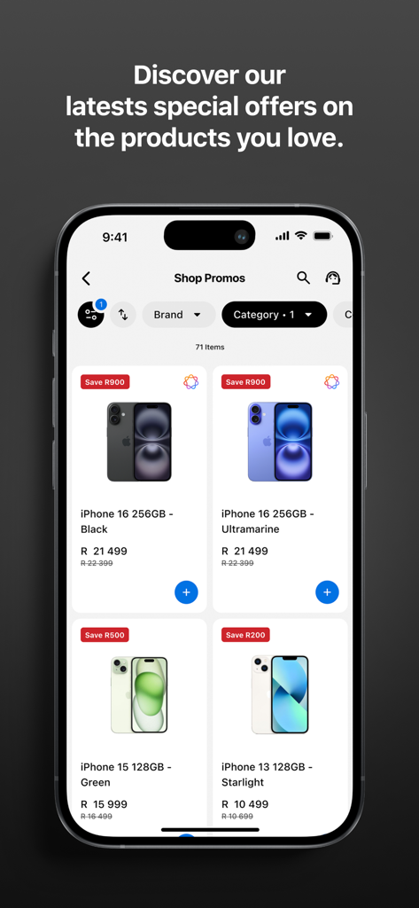 iStore South Africa app interface showing special offers and discounts on various iPhone models.