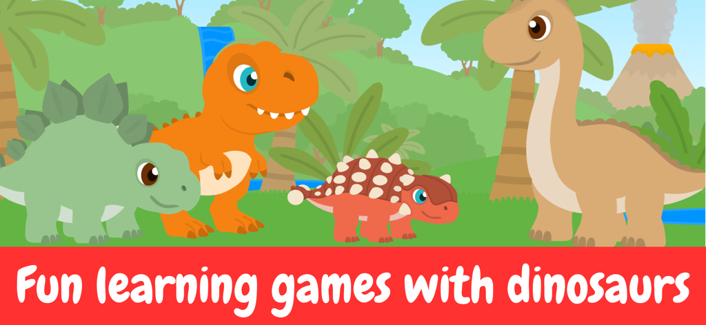 Dino Friends - Toddler Games - Dinosaurios de dibujos animados en un paisaje prehistórico con el texto Divertidos juegos de aprendizaje con dinosaurios.