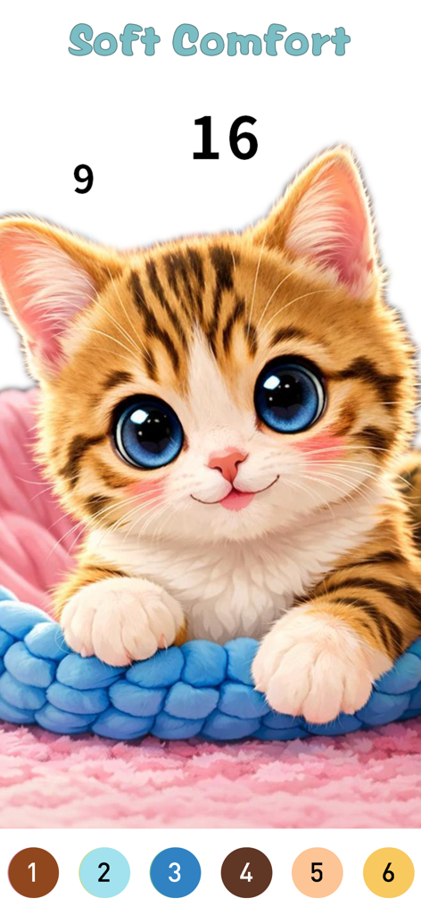 Cradle Color By Number - A cute kitten with blue eyes in a blue basket on a color by number app screen
