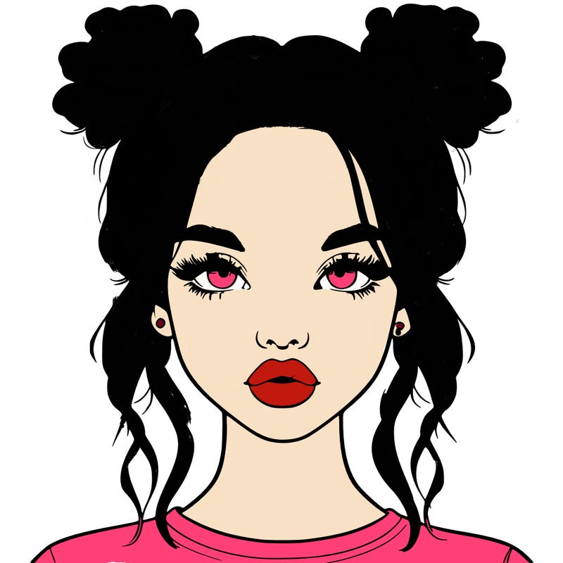 realistic girl with two buns in hair and lips