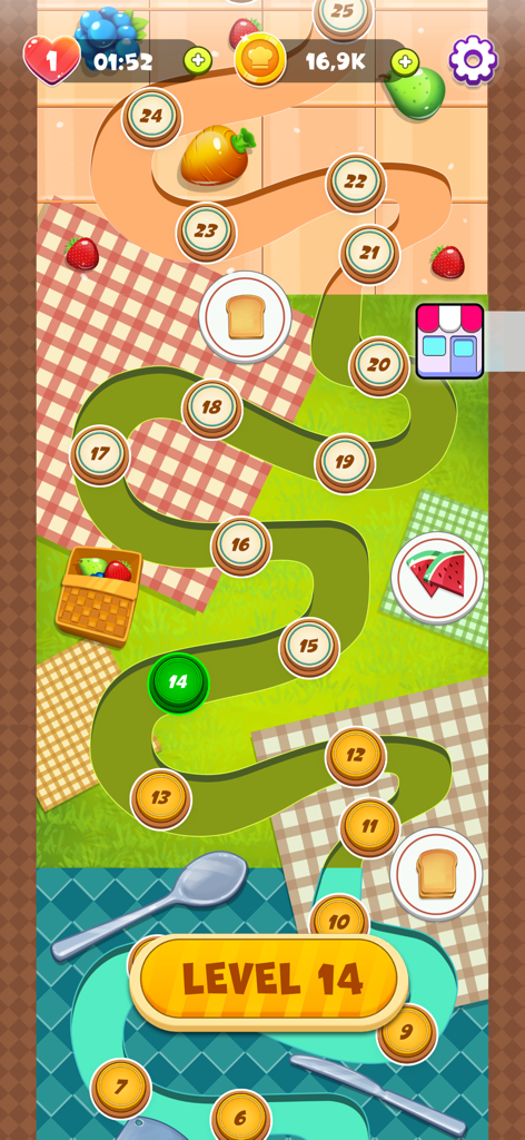 Kitchen Match - Level progression map in the Kitchen Match mobile puzzle game with food and kitchen items.