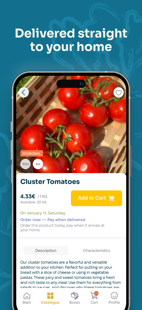 FarmToHome: Buy from Farmers - A product page in the FarmToHome app showing fresh cluster tomatoes with an add to cart button and delivery information