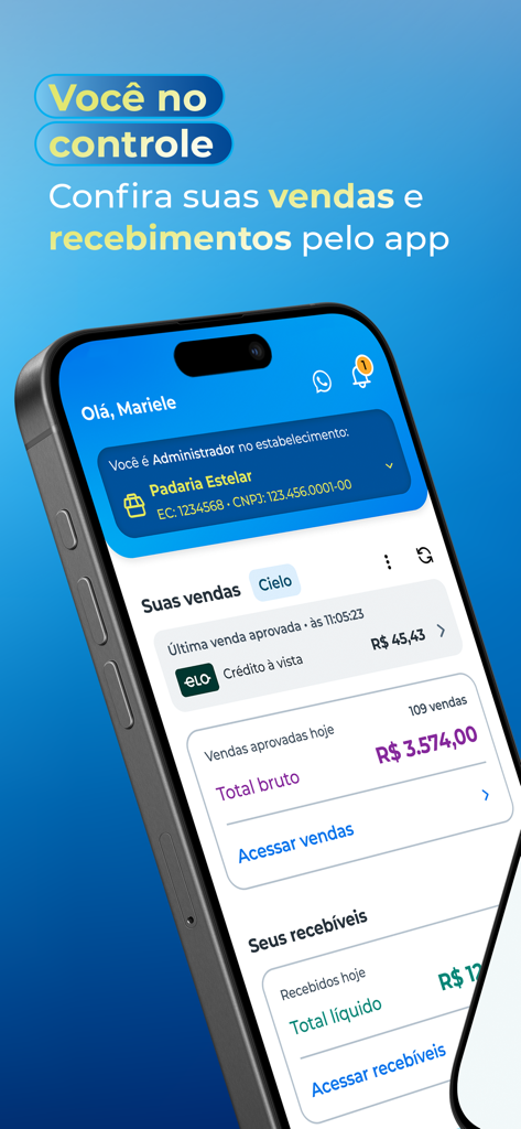 Cielo Gestão: maquininha - iPhone에서 소규모 비즈니스의 일별 판매 및 영수증을 보여주는 Cielo Gestao 앱 대시보드