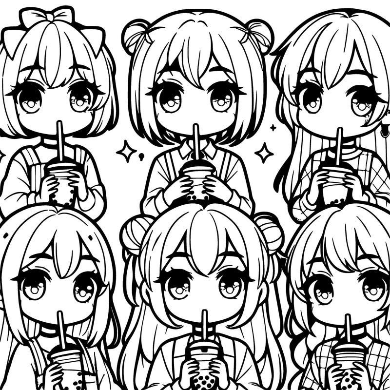 6 cute manga girls drinking boba