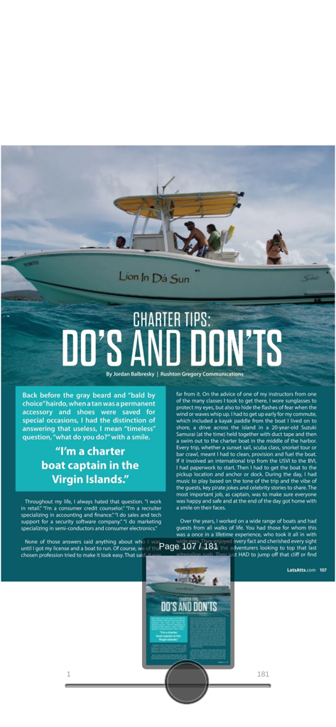 Latitudes & Attitudes Magazine - Digital page from Latitudes and Attitudes Magazine showing charter boat tips and a motorboat in the Virgin Islands