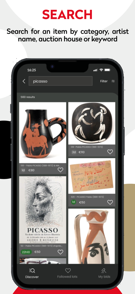 Drouot.com - Live Auctions - Search interface of the Drouot app showing various Picasso artworks available for auction