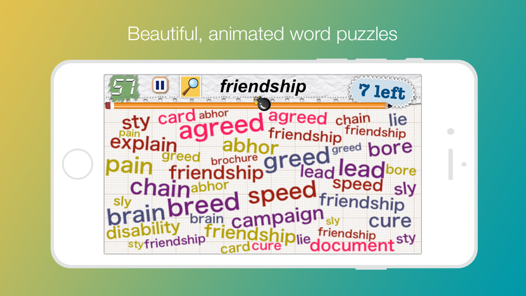 Word Mess - Gameplay of Word Mess showing a word cloud with various terms on a white smartphone