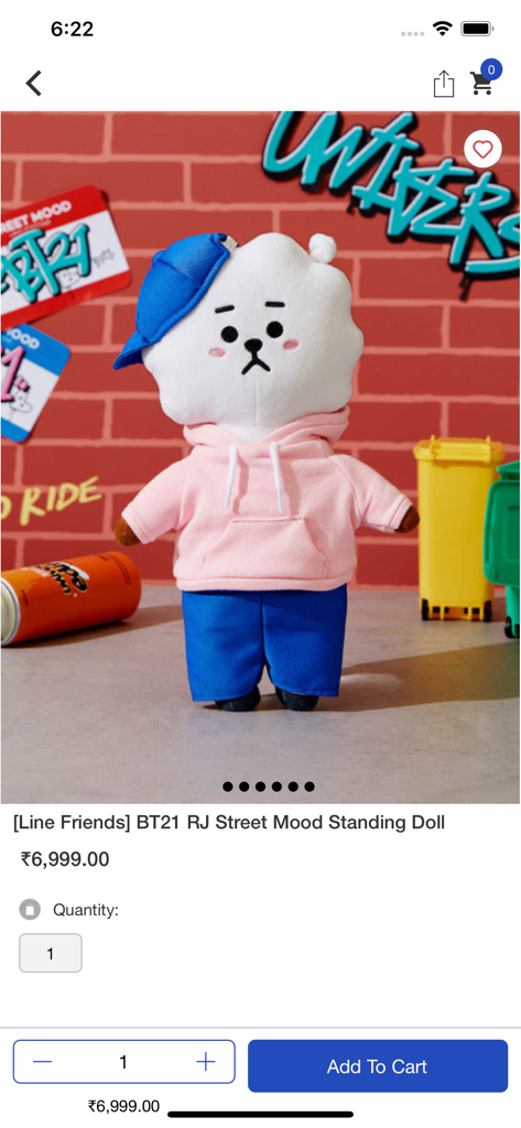 Kpopstore - Product page for a BT21 RJ Street Mood standing doll wearing a pink hoodie and blue cap on the Kpopstore app