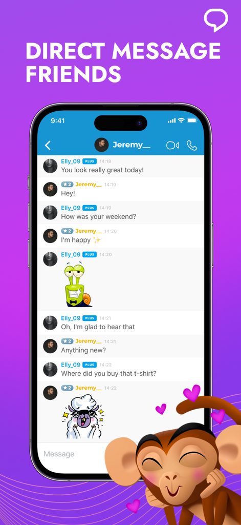 A direct message chat screen in the Paltalk app featuring stickers and text messages.