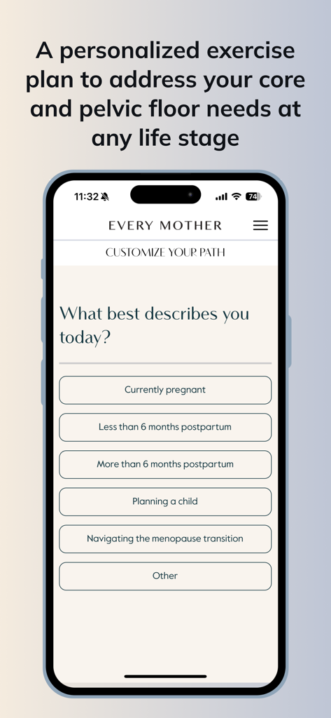 The Every Mother app screen showing options to select a life stage for a personalized exercise plan including pregnancy and postpartum stages.