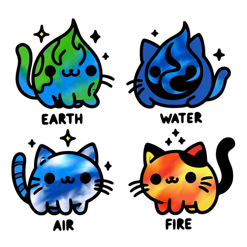 4 cats that represent the different elements, earth, water, air, and fire