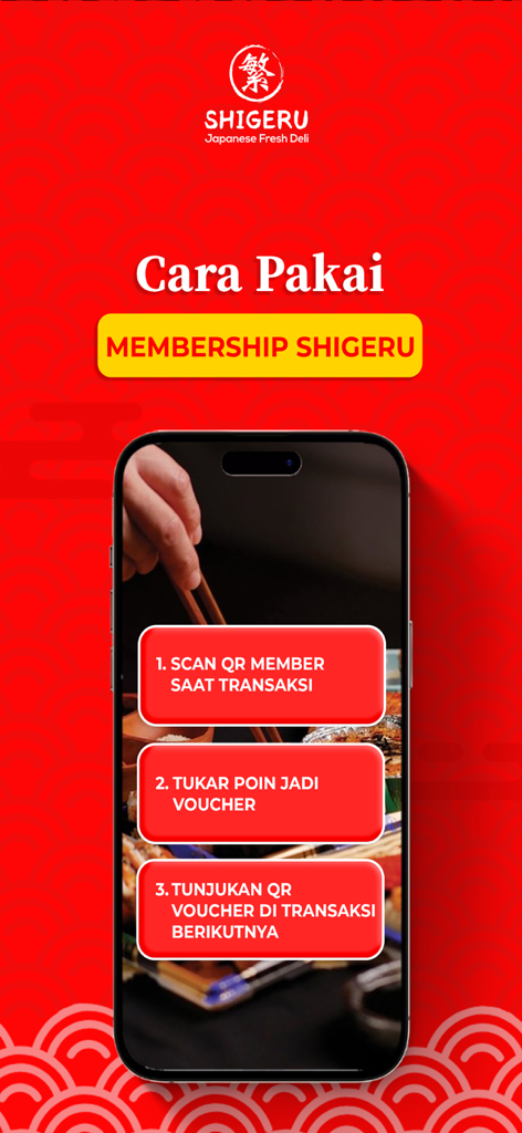 Shigeru - Smartphone displaying a three-step guide for using the Shigeru loyalty app to scan QR codes and redeem rewards points.