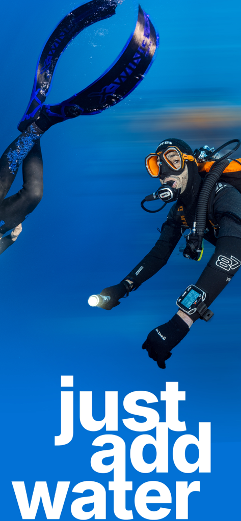 Scuba diver underwater using a Mares dive computer with the text just add water