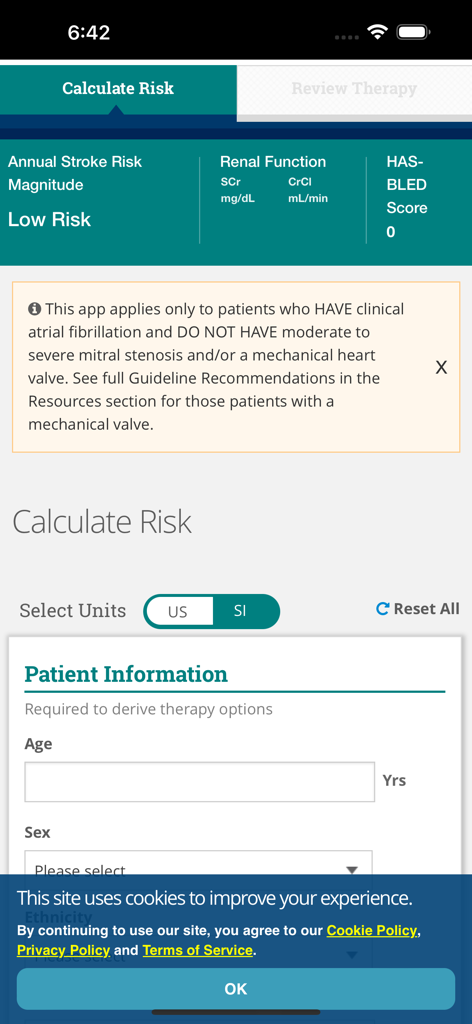 AnticoagEvaluator app interface for entering patient age and sex to calculate clinical stroke and bleeding risk