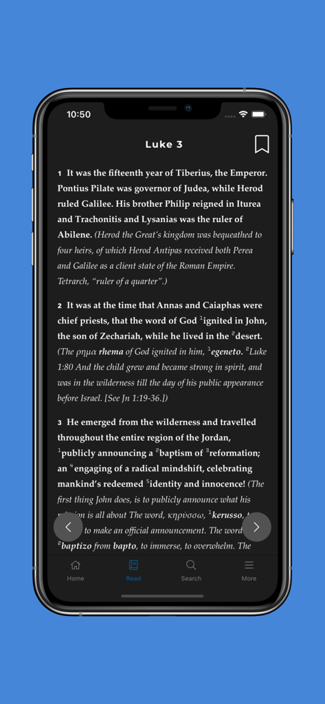 Mirror Study Bible - Mirror Study Bible app screen showing scripture and detailed commentary in dark mode