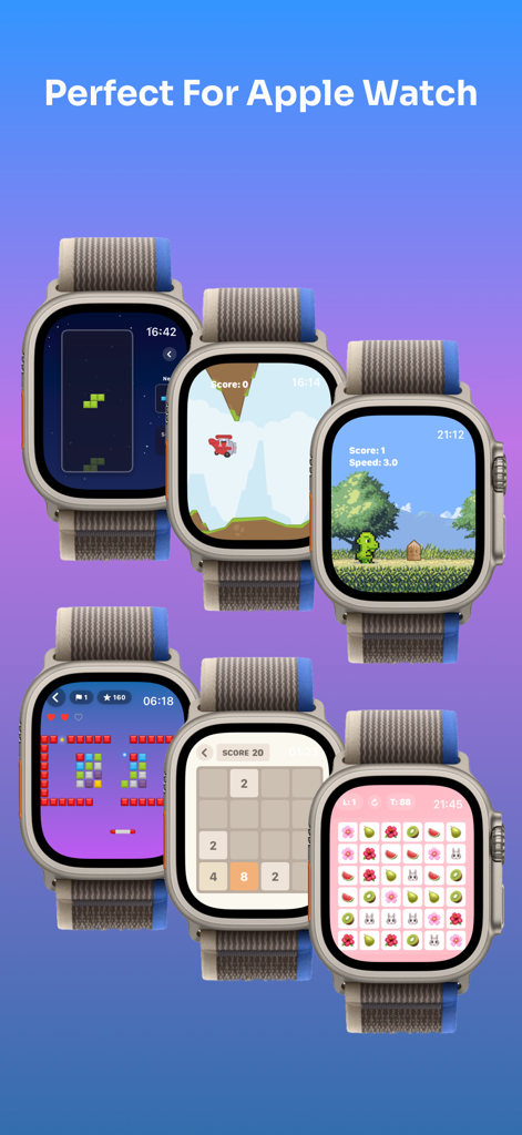 Six Apple Watches displaying different arcade games including Tetris and puzzles
