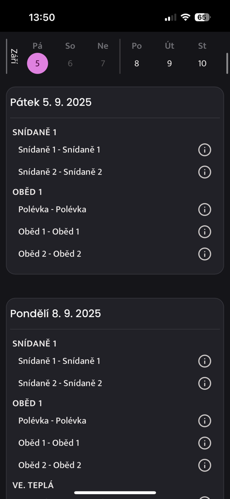 Strava.cz Meal Ordering - Institutional meal selection menu showing breakfast and lunch options in the Strava.cz app