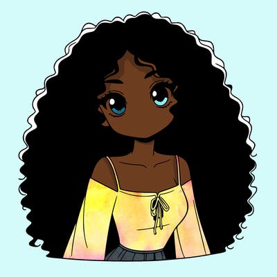 a black anime girl with long afro hair