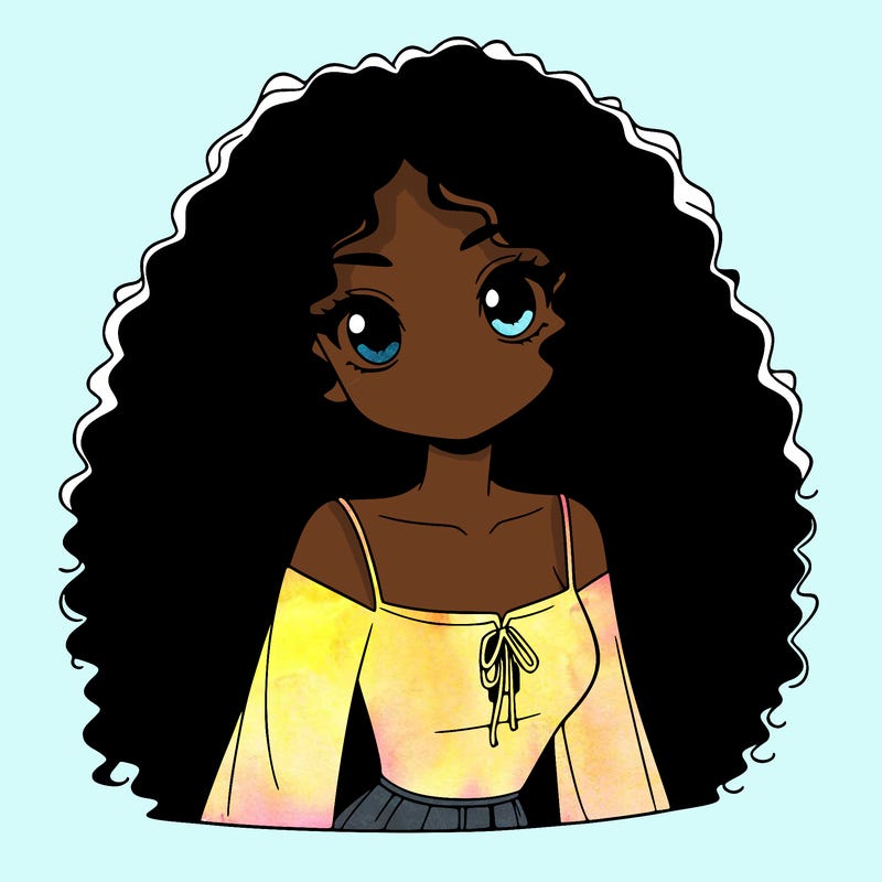 a black anime girl with long afro hair