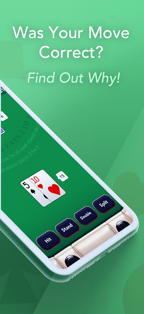 Blackjack strategy practice screen showing card hand and move options with feedback prompt