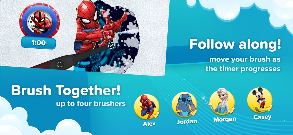 Disney Magic Timer by Oral-B - Disney Magic Timer app screen showing a Spiderman timer and multiple child profiles for brushing together
