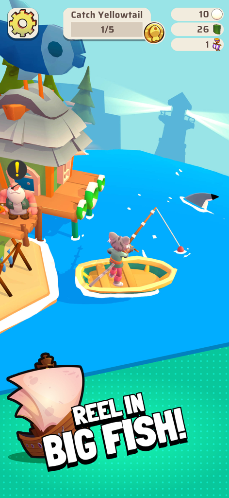 Survival Games - Questopia - Questopia Island Survival 모바일 앱에서 작은 나무 보트에서 낚시하는 캐릭터