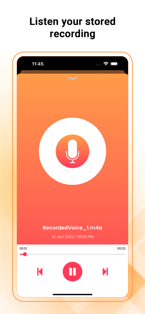 Voice Recorder - Audio Memos - ボイスレコーダーアプリに保存された音声メモを再生するためのスマートフォンインターフェース。再生コントロールと大きなマイクアイコンが特徴です。