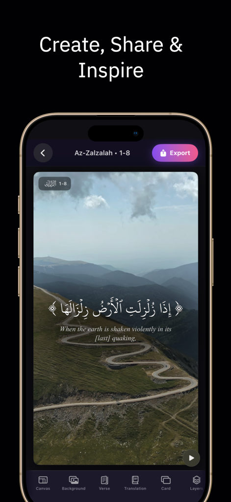QuranStudio: Quran Clip Maker - Smartphone screen displaying the QuranStudio app interface editing a Quran verse over a scenic mountain landscape background