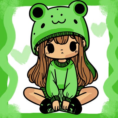a girl wearing a frog hat and some frog socks