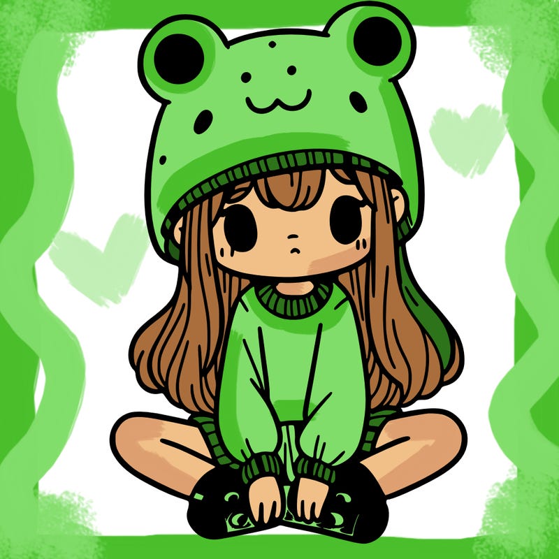 a girl wearing a frog hat and some frog socks