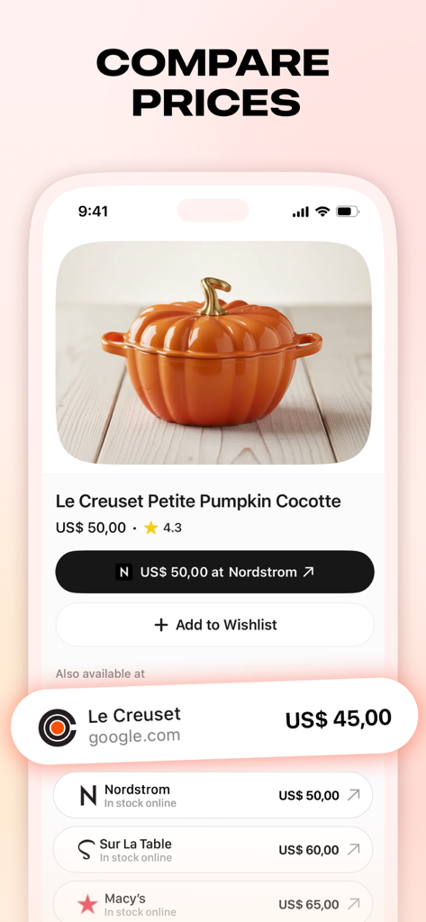 Listful - Wishlist & Shopping - Nordstrom 및 Macy's와 같은 여러 소매업체의 Le Creuset 펌킨 냄비 가격 비교를 보여주는 Listful 앱 스크린샷
