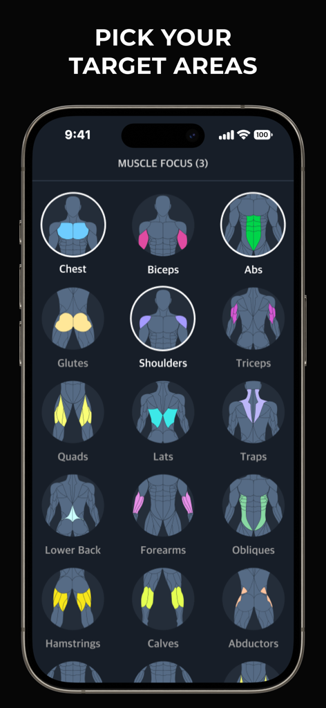Gymverse app screen for selecting target muscle groups