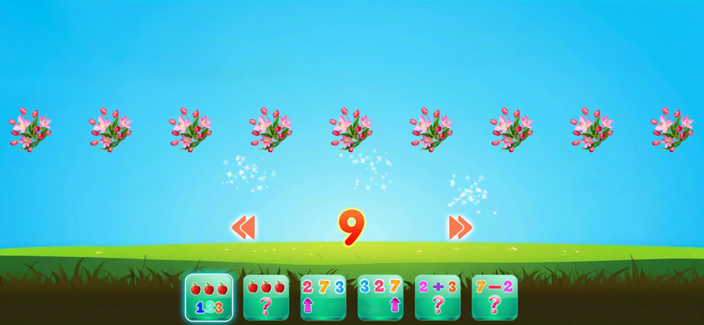 Fun games -Learn with Fun - Lern-App für Vorschulmathematik für Kleinkinder, die das Zählen von Zahlen mit Blumen zeigt