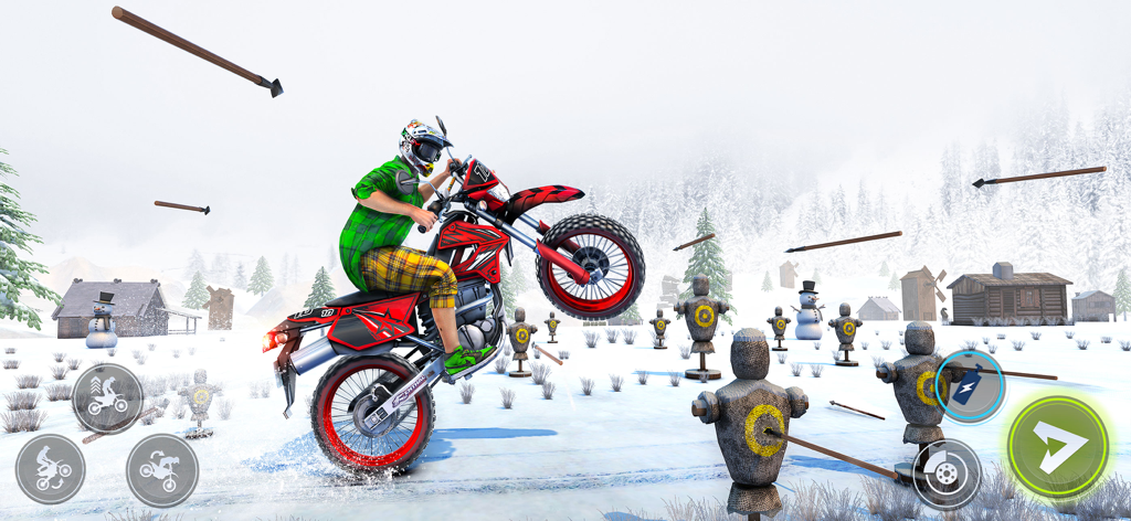Bike Stunt Race Master 2 - 목표 인형과 날아오는 화살이 있는 눈 덮인 트레일에서 휠리 스턴트를 하는 모토크로스 라이더