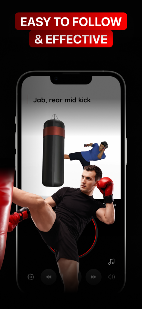 Boxing Training: Bag Workouts - A man performing a kickboxing move while using the Heavy Bag Pro app for training