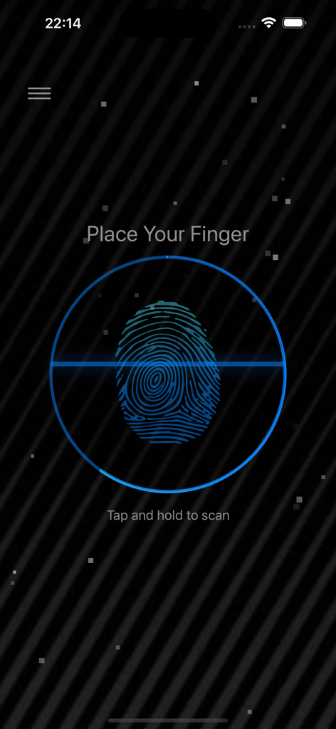 Lie Detector Test Scan - Fingerprint scanning interface in a lie detector prank app with a blue circle and a dark theme.