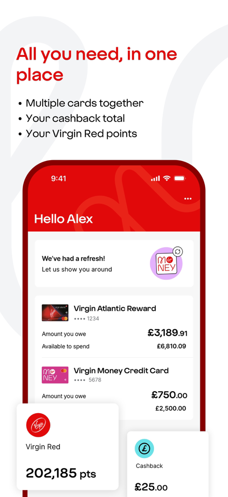 Painel do aplicativo Cartão de Crédito Virgin Money mostrando vários cartões e pontos de recompensa