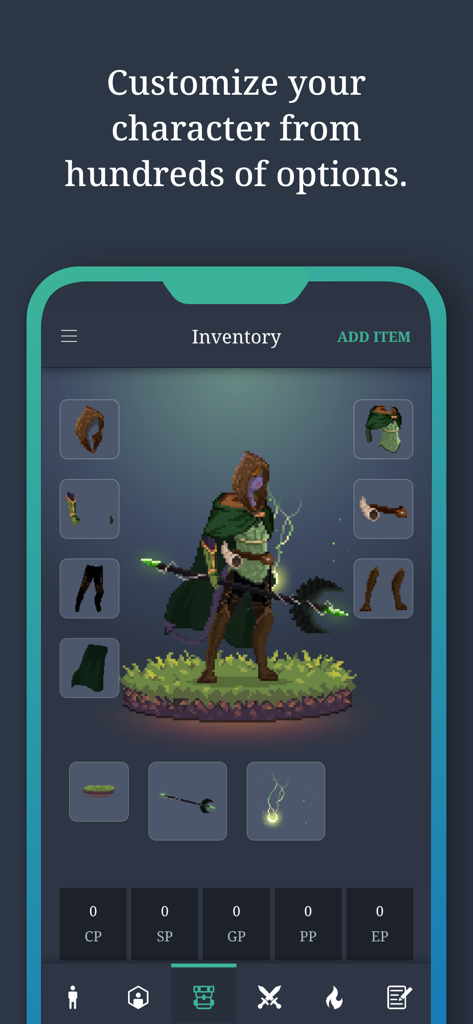 Pixel art character customization screen in the Reroll app showing a fantasy character with inventory and gear options