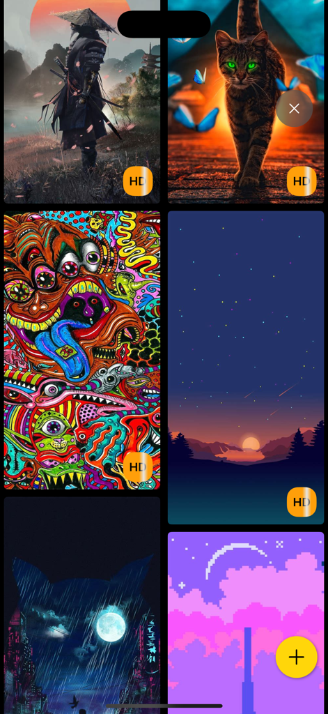 Wallpapers HD: 4K Themes - Una cuadrícula de diversos fondos de pantalla de alta calidad que presentan diferentes estilos artísticos.