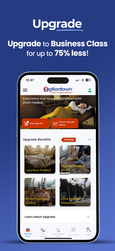 Schermata dell'app mobile Optiontown che mostra un'offerta di upgrade in Business Class con vantaggi di lusso come letti piatti e accesso alla lounge