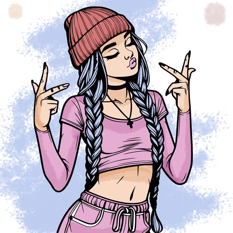 realistic teenage girl with braids and a beanie and crop top doing 🫶🏼