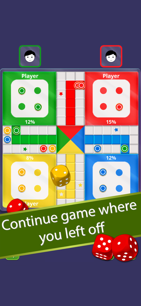 Ludo board game gameplay screen showing player progress percentages and a continue game banner
